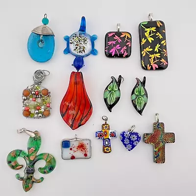 Colorful Art Glass Pendant Lot Teardrop Moreno Style Cross Fleur De Lis Turtle • $13.50