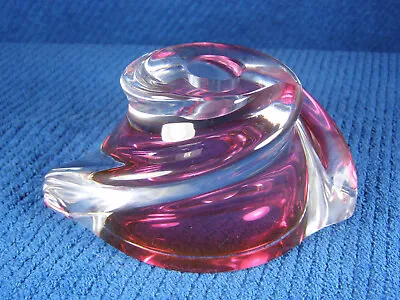 Val St. Lambert Crystal With Cranberry Pink Swirl Art Glass Candlestick Holder • $9.99