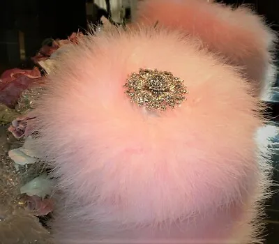 Powder Puff ~ White Puff Trimmed In Pink Down Feather S ~ Rhinestone Handle • $34.95