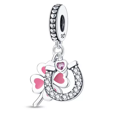 Pink Four Leaf Clover Lucky Horse Shoe Love Heart Charm Bead Sterling Silver 925 • £13.99