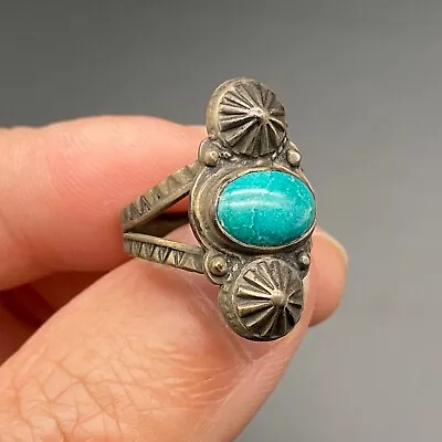 Vintage Navajo Turquoise Concho Stamped Silver Ring Size 5.25 • $185