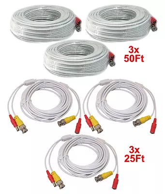 3pcs 50 Feet & 3pcs 25 Feet White Cable CCTV Security Camera Power Video Cable   • $29.97