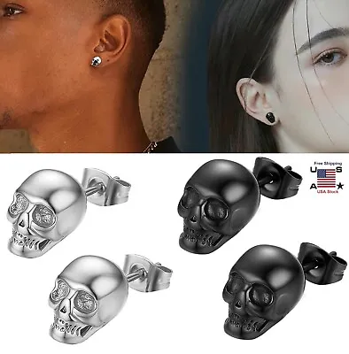 Punk Goth Stainless Steel Skull Skeleton Ear Stud Men Women Pierced Earrings USA • $6.83