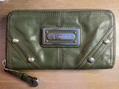 B Makowsky Hunter Green Leather Zip Around Wallet Leopard Interior • $20