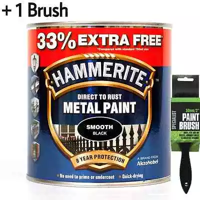 Hammerite Metal Paint Smooth - Black - 750ml - 33% EXTRA FREE 1L Tin + 2 Brush • £21.99