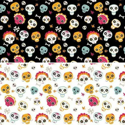 100% Cotton Digital Fabric Mexican Sugar Skulls Bones Floral Crafty 140cm Wide • £6.50