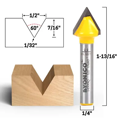 60 Degree X 1/2  Diameter V Groove Router Bit - 1/4  Shank - Yonico 14999q • $12.95