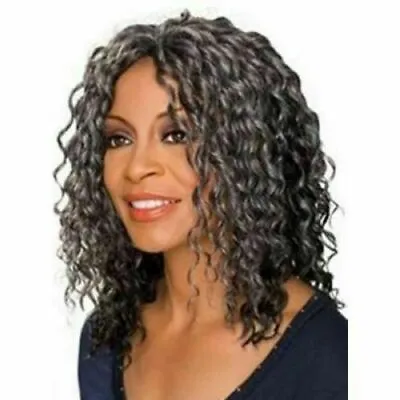 Fashion Black Mixed Gray Capless Fluffy Curly Medium Capless Wig Hair For Women • $21.99