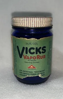 Vtg 1950s Vicks VapoRub Jar Cobalt Blue 3.5 Oz W/Label And Lid Collectible Prop • $19.99