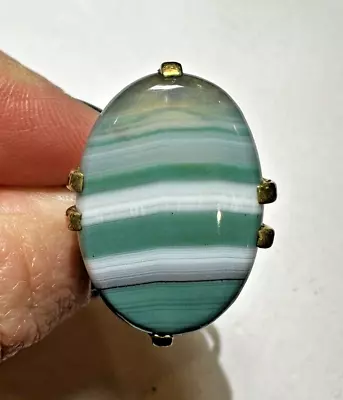 Vintage Rare Green Banded Agate Cabochon  Stone Gold Tone Adjustable Ring DD4 • $35.99