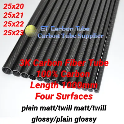 1000mm Carbon Fiber Tube OD25mm X ID 20mm 21mm 22mm 23mm 3k Roll Wrapped Poles • £16.79