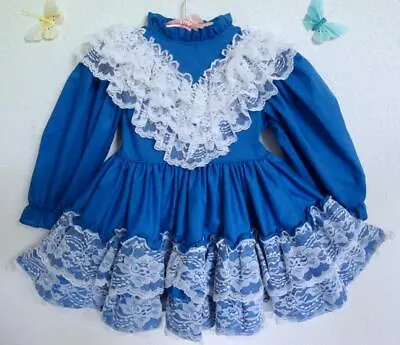 Vintage Martha's Miniatures Full Circle Dress 3T Lace Ruffles Pageant Blue White • $75