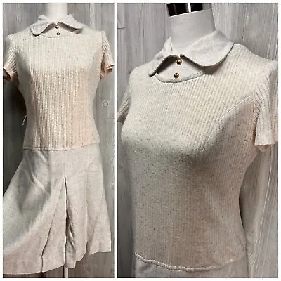 Womens Peter Pan Beige Linen Dress Mod 60’s L/XL • $28