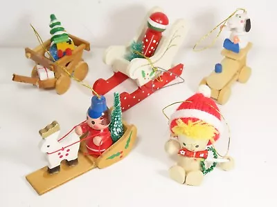 5 Vintage Christmas Wooden Ornaments Lot Hand Painted Reindeer Sled Cart + C5651 • $10.14