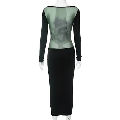 2000S Aesthetics Dragon Pattern Y2K Slim Long Dress Lady Elegant Sexy Back Mesh • $21