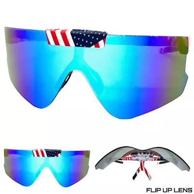 OVERSIZED Retro SPORTY WRAP AROUND Patriotic USA SUN GLASSES Blue Flip Up Lens • $19.99