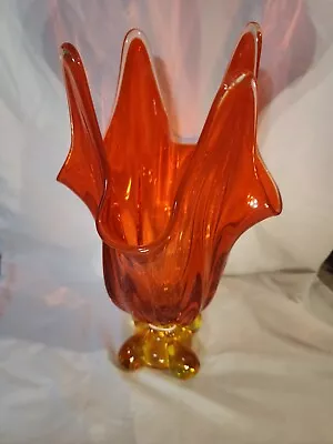 Viking Amberina Glass 11.75” EPIC Persimmons 4 Finger Swung Vase 4 Toed Base • $53