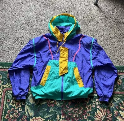 Vintage 90s MTA Pro Windbreaker Jacket Large Multicolor Geometric Abstract Retro • $30