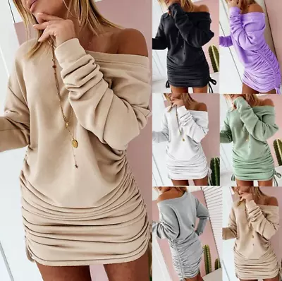 Women's Ladies Off Shoulder Long Sleeve Drawstring Sweatshirt Jumper Mini Dress • £23.08