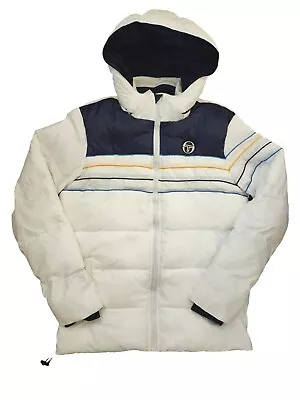 SERGIO TACCHINI Mens L PUFFER JACKET White Yellow Blue Stripe Hoodie Bubble Coat • $139.99