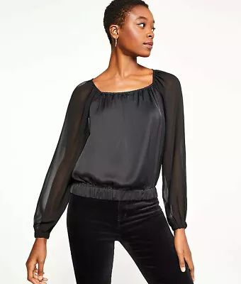 NEW Ann Taylor XS Women's Black Sheer Sleeve Square Neck Blouse Top • $27.79