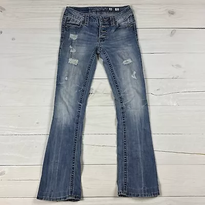 Miss Me Jeans Women's 26 Blue Mid Rise Bootcut Distressed Denim Button Fly 26x31 • $29.99