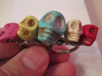 Double Ring Finger Ring With 5 Skull Head Designs - Size 7 1/2- Ofc-12 • $18.20