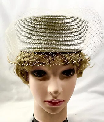 2000s Womens White Pillbox Hat Tulle Flower Trim Veiled Church Wedding Vtg 11593 • $35