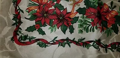 Pair Vintage Embossed Christmas Tablecloths Holly Poinsettia Ribbons 66 X 51 Two • $9.99