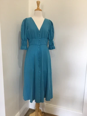 $15 • Buy ZARA Blue LINEN Cotton Shirred Sleeves Midi DRESS Size M/8-10 