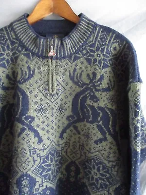 Skjaeveland Authentic Blue Green Moose Reindeer Heavy Wool Ski Sweater XL • $99.99