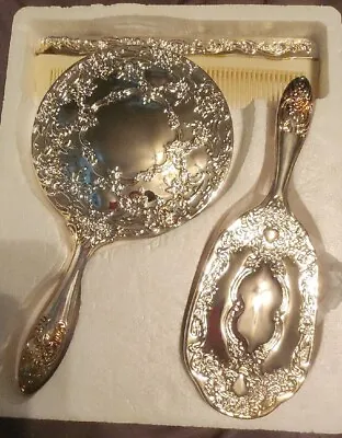 VINTAGE SILVER-PLATED MIRROR BRUSH COMB VANITY DRESSER 3 PIECE SET New Org Box  • $21.99