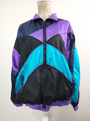 Womens Vintage Shell Suit Jacket Size Medium Track Full Zip Shiny Ski 90s • £19.99