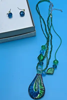 Georgeous Vintage Glass Statement Necklace & Earring Set Blues Greens Bead • $27.99