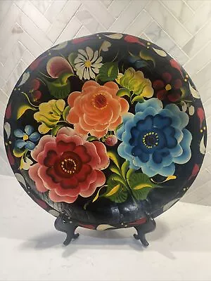 Vintage Mexican Folk Art Wooden Batea Hand Painted Carved Floral 12.5  Tray Bowl • $28.88