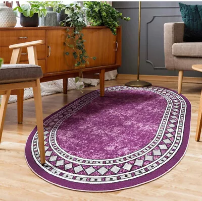 Modern Bordered Non-Slip Low Profile Pile Rubber Backing Area Rug (5x7Oval) • $79.85