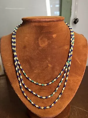 Super Interesting GOLD FILLED Beaded Necklace Eilat ? Lapis Shell ? 3 Strand • $19.99