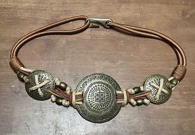 Vtg 1990’s Boho Metal Medallion Brown Rope Women’s Belt 29” Leather Shop 94’ • $20