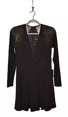 EXPRESS NEW $88 Sheer Mesh Sleeve Lace-Up Skater Dress Black Size 6 • $22.49