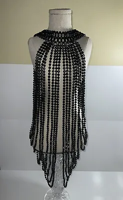 $45.98 • Buy Vtg Black Beads Fringed Shawl Collar Wrap Necklace Halter Body Chain Halloween