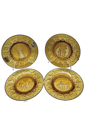 Vintage Tiara Indiana Glass Amber Child's Nursery Rhyme Plates Set Of 4 • $29.95