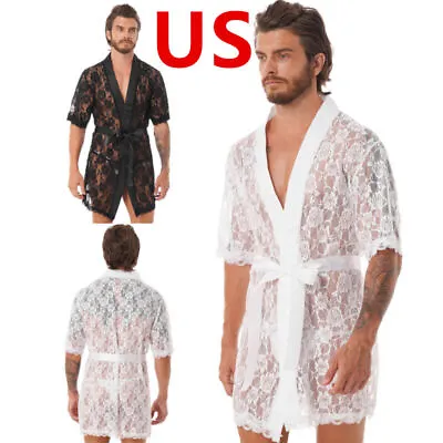 US Men Nightwear Dragon Embroidery Satin Night-Robe Short Sleeve Belted Bathrobe • $16.33