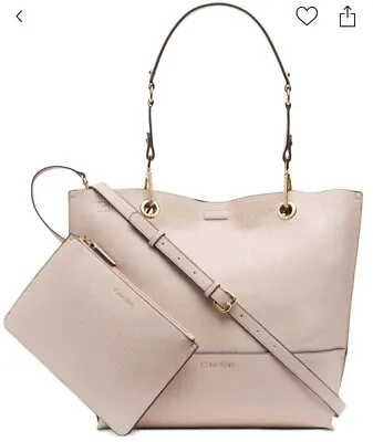 Calvin Klein Sonoma Reversible Tote Faux Leather Pouch Powder Pink Gold $148 NWT • £94.45