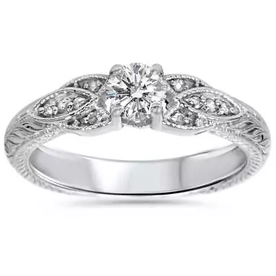 3/8ct Vintage Diamond Floral Engraved Engagement Ring 14K White Gold • $730.79