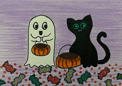 $5.99 • Buy ACEO Original Art Painting Black Kitty Cat Kitten & Halloween Ghost By Saulite