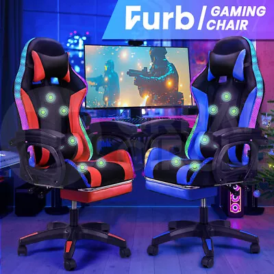 Furb LED Massage Gaming Chair RGB Racing Recliner Leather Office Chair Footrest • $179.95