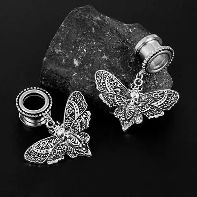 Pair Dangling Skull Moth Ear Gauges Plugs Ear Tunnels Body Jewelry Piercings • $16.37