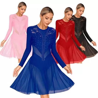 Women Rhinestone Ice Figure Skating Dress Lace Patchwork Lyrical Dance Dress • $5.99