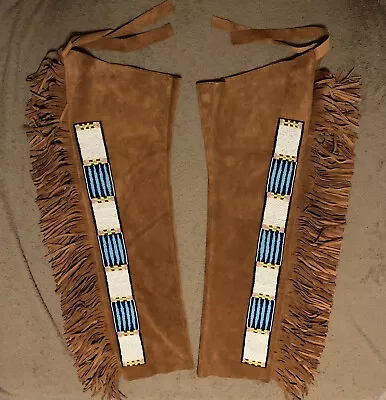 Old American Buckskin Beaded Fringes Powwow Regalia Red Cloud's Leggings LG01 • $118.72