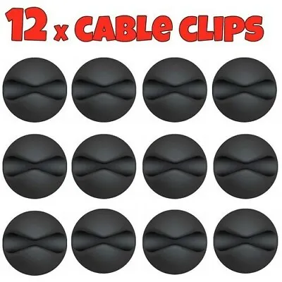 12x Black Cable Wire Cord Lead Drop Clips Usb Charger Holder Tidy Desk Organiser • £3.74